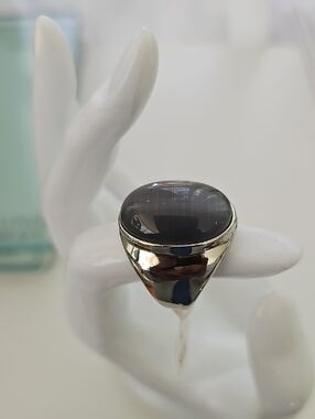 Stainless Steel Men's Signet Ring with Smoky Gray Cabochon